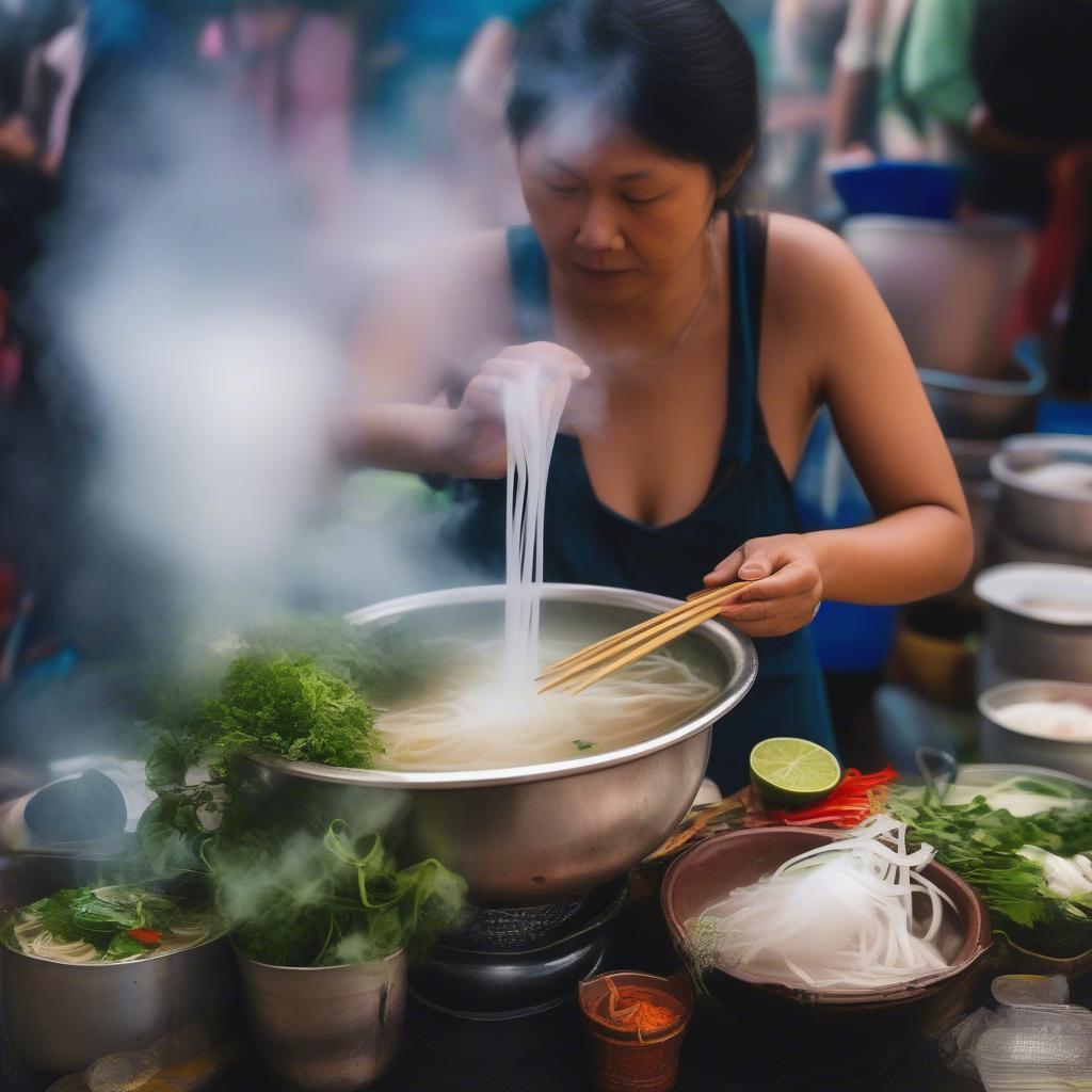 Vietnamese street food pho vendor preparing a bowl of pho