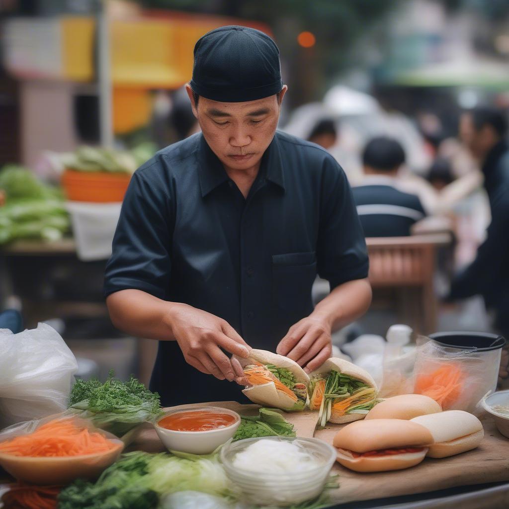 A Vietnamese street food vendor skillfully prepares a banh mi sandwich.