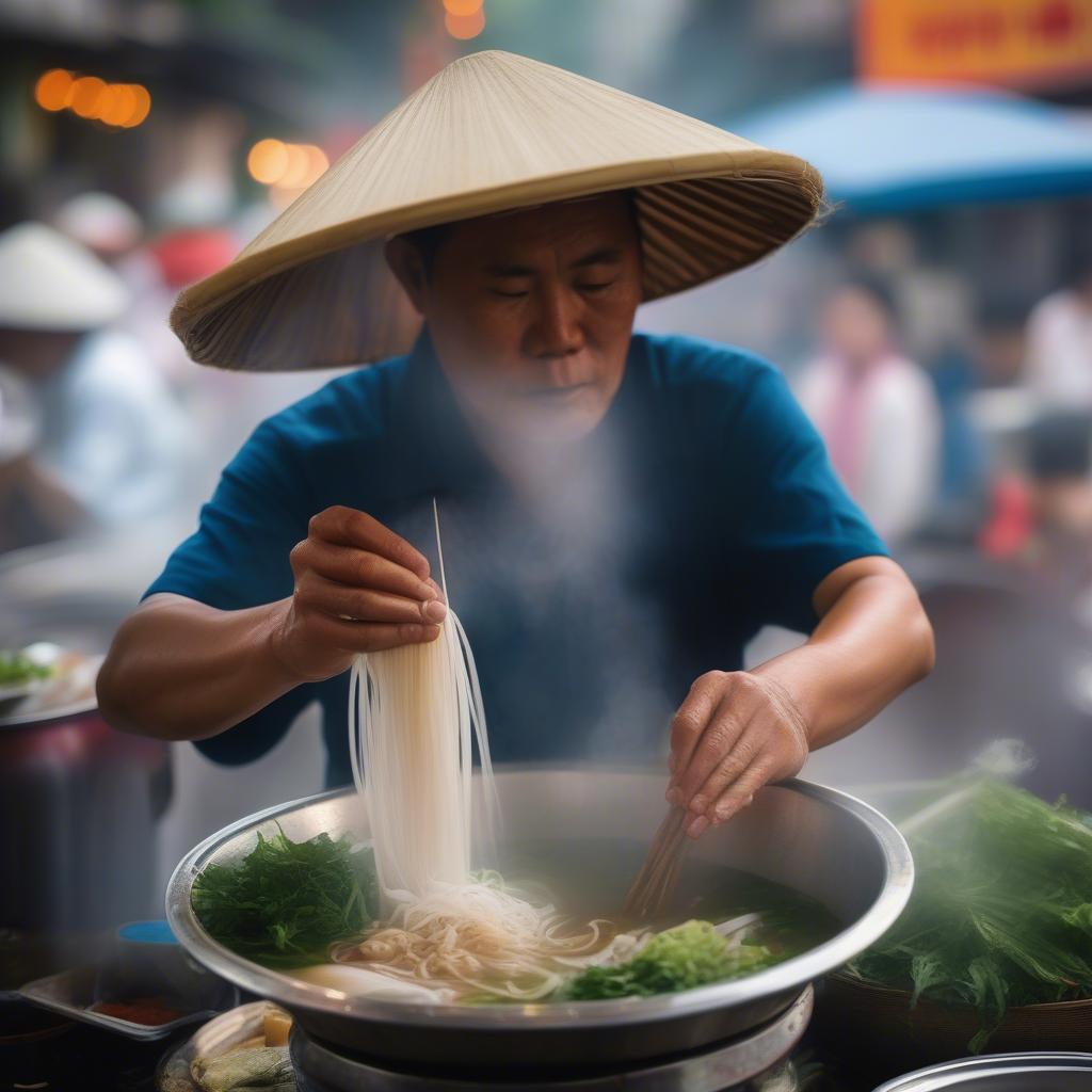 Vietnamese street food vendor skillfully preparing a bowl of pho