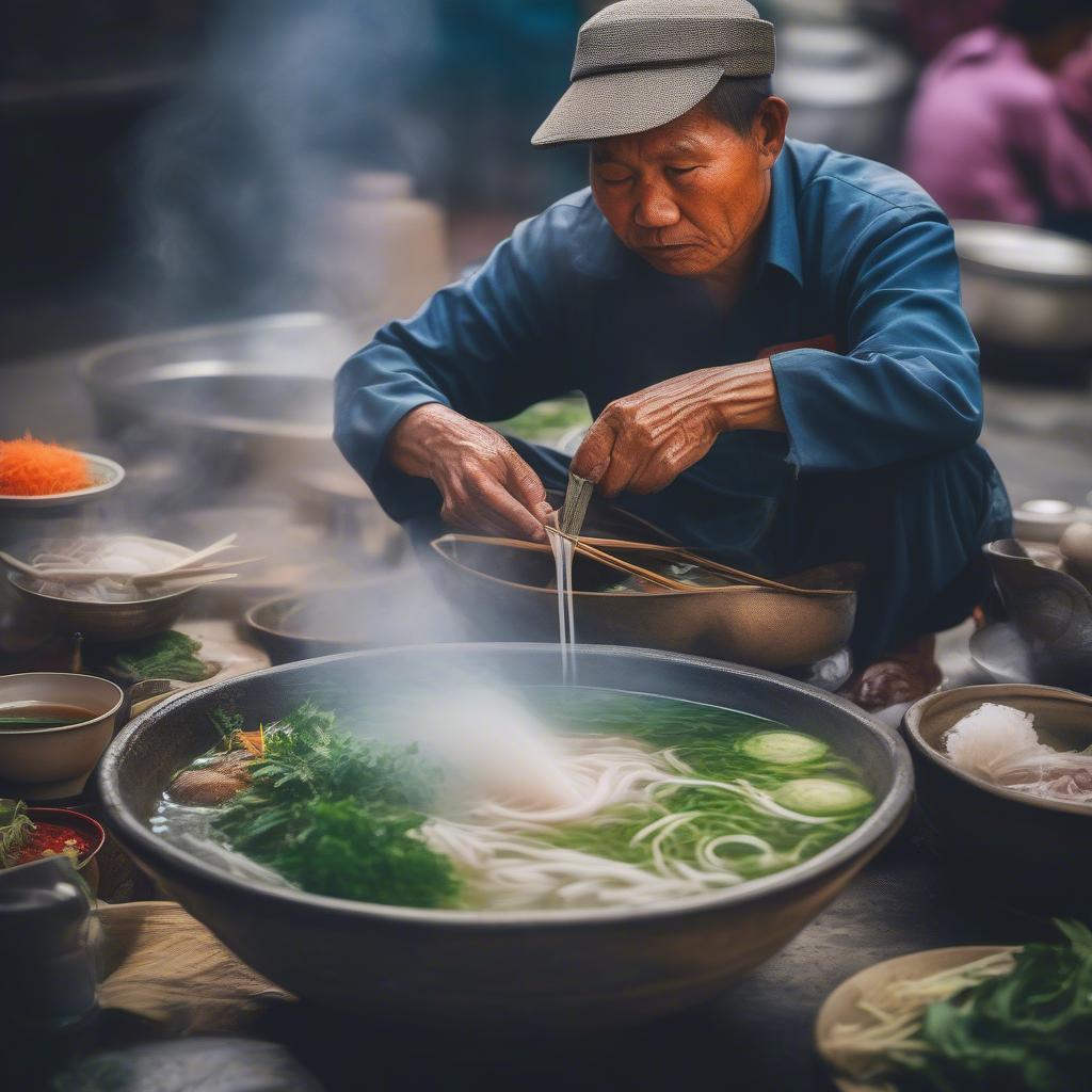 Vietnamese street food vendor preparing a bowl of pho