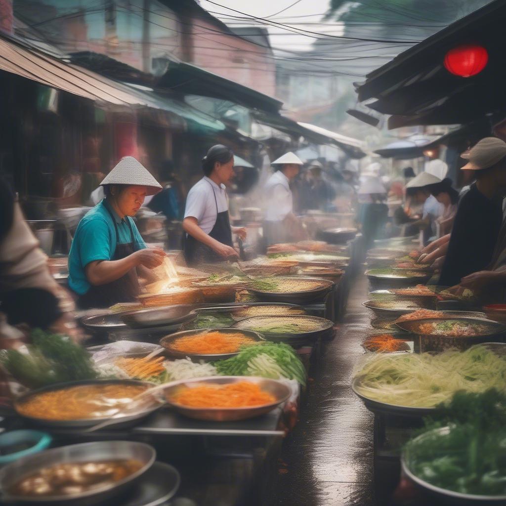Vietnamese Street Food Vendors Preparing Fresh Dishes