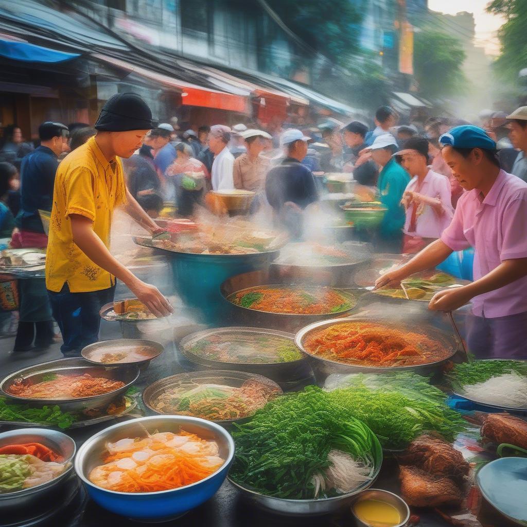 Vietnamese street food vendors preparing and serving various dishes