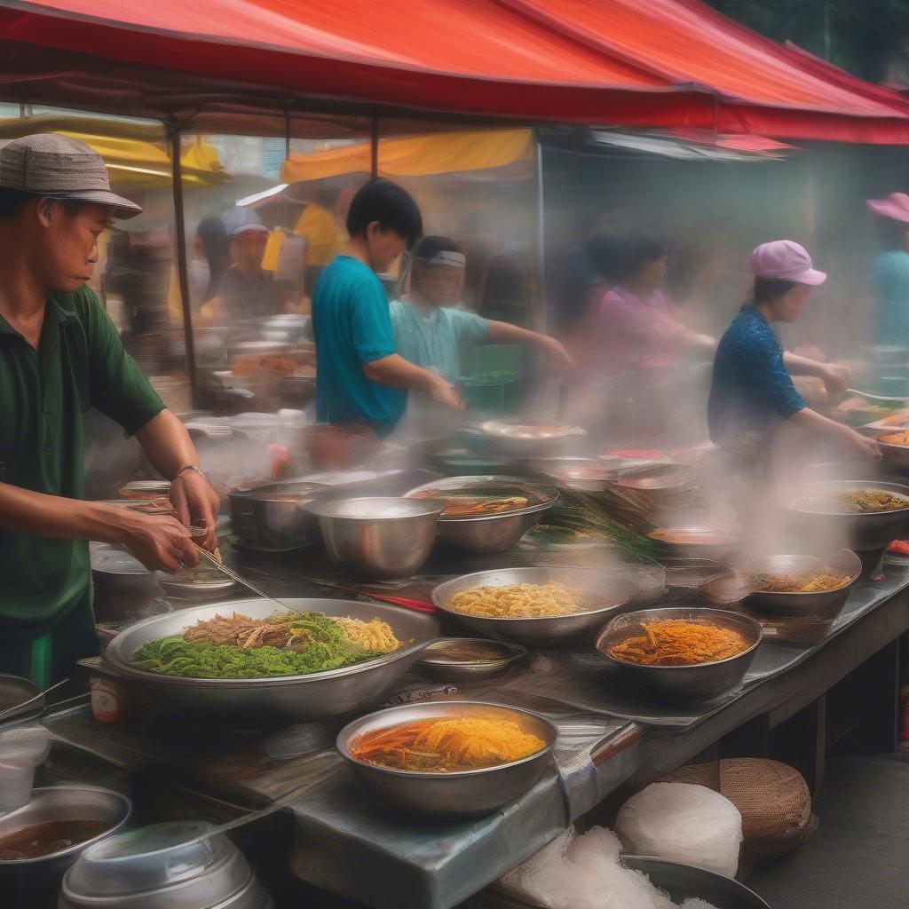 Vietnamese Street Food Vendors Preparing Dishes
