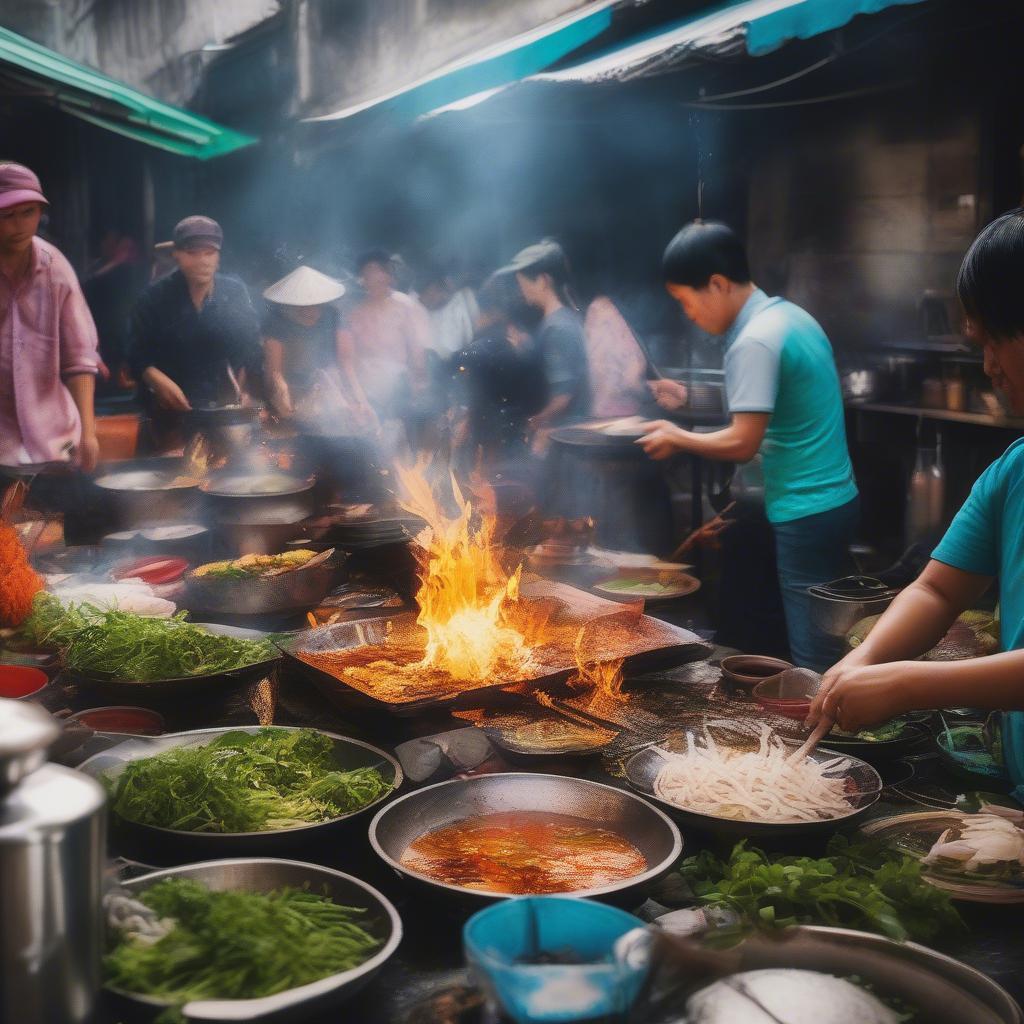 Vietnamese street food vendors preparing and serving various dishes