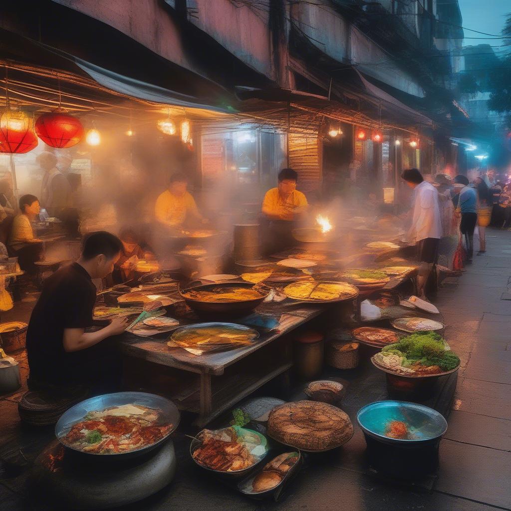 Street food vendors preparing and serving dishes in Vietnam