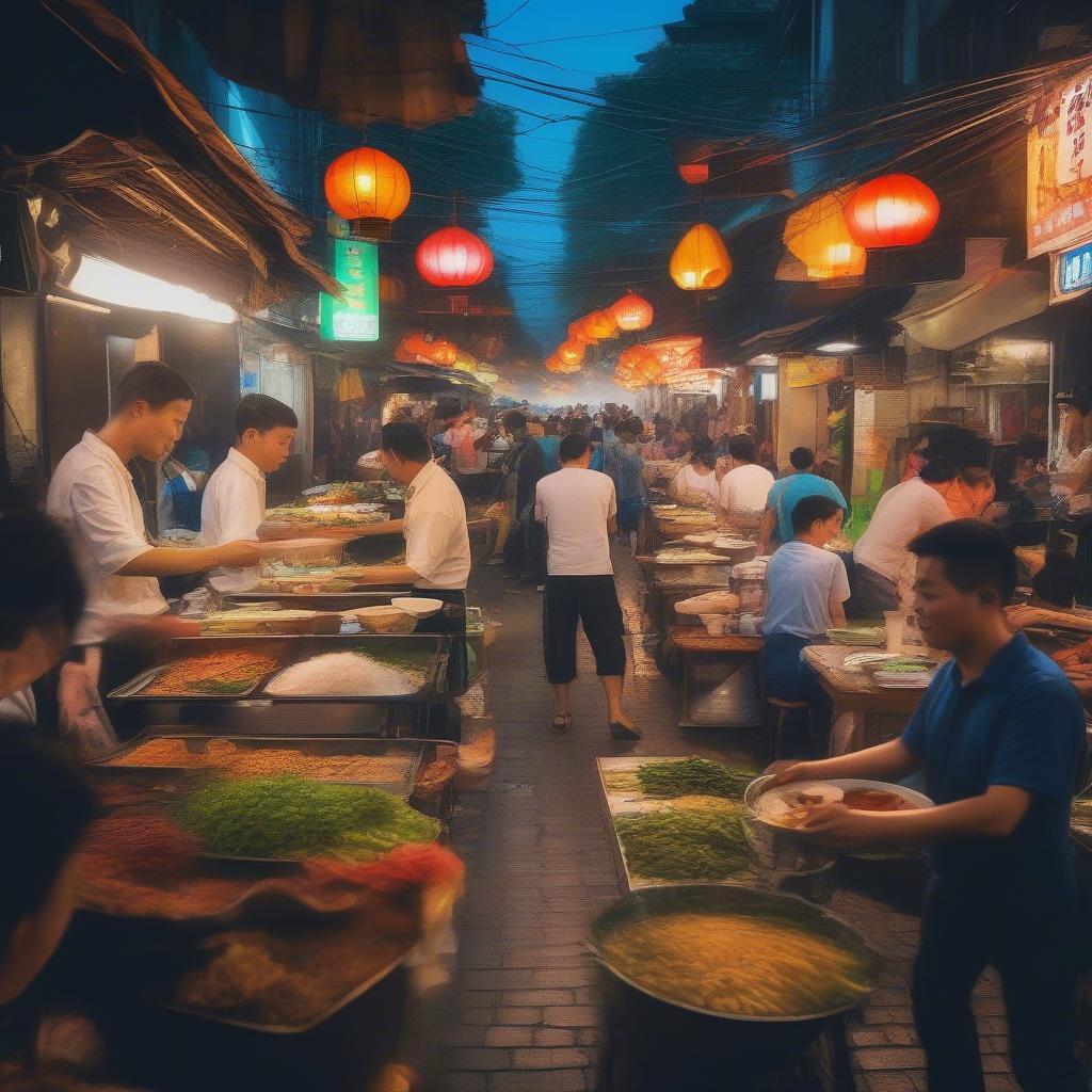 Vietnamese street food vendors in Hanoi's Old Quarter.