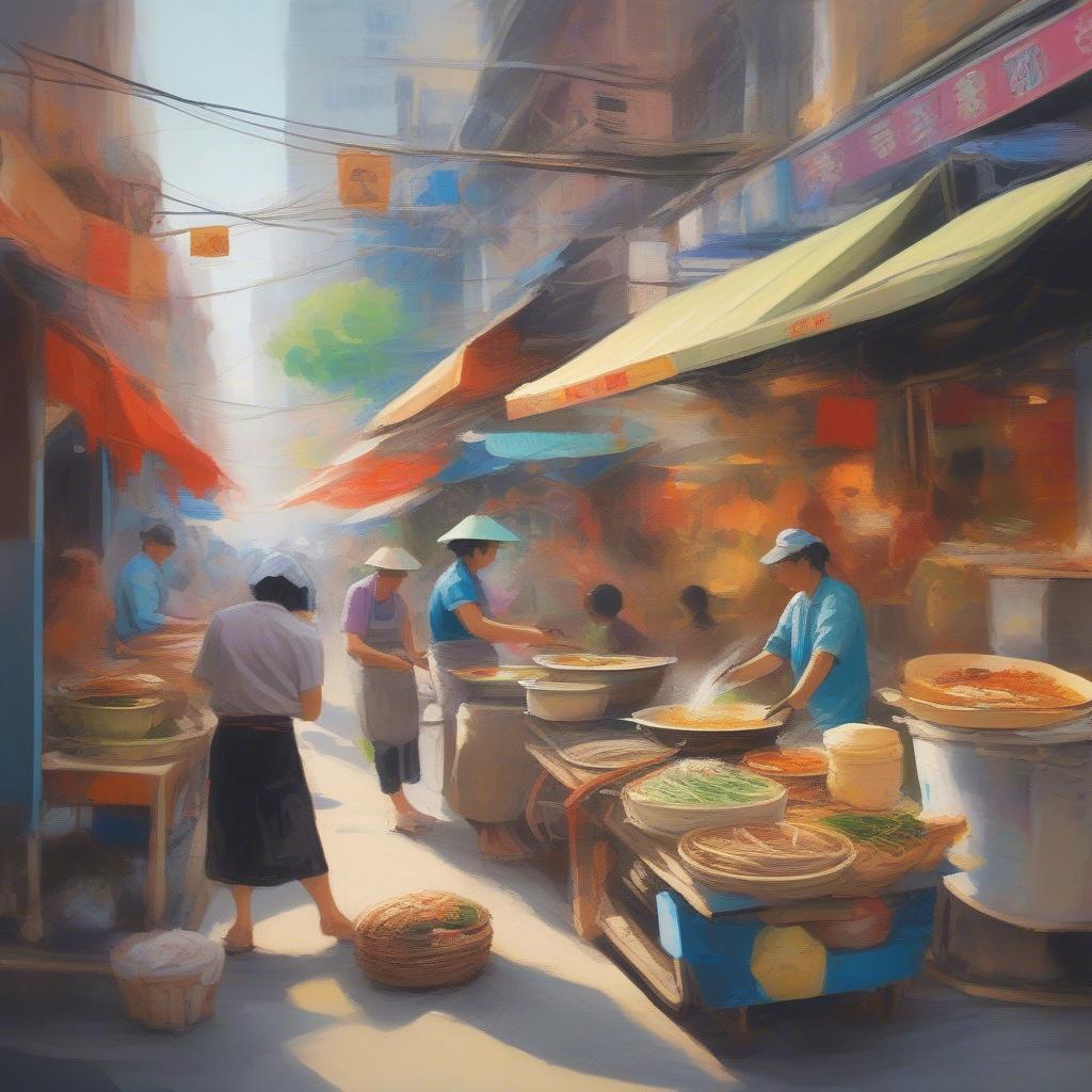 Vietnamese street food vendors preparing pho and banh mi