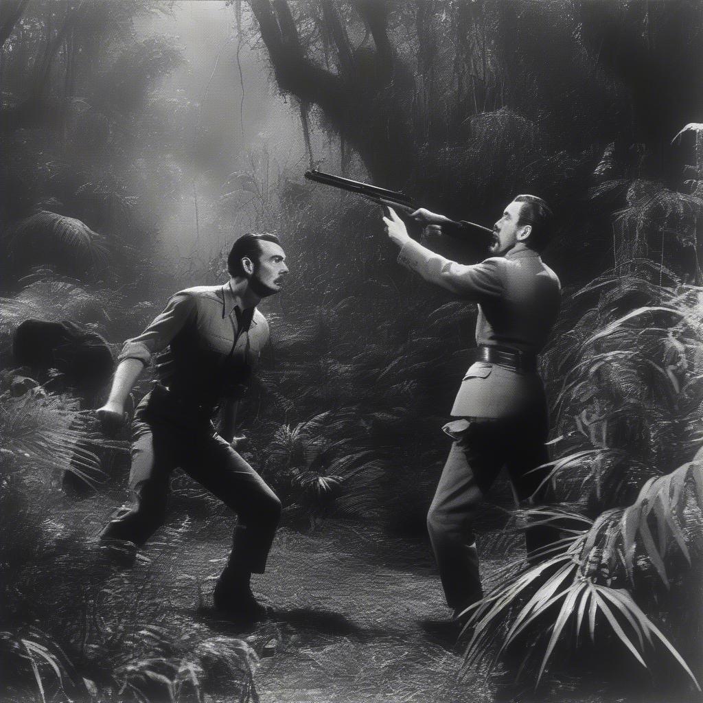 Zaroff and Rainsford in a tense standoff